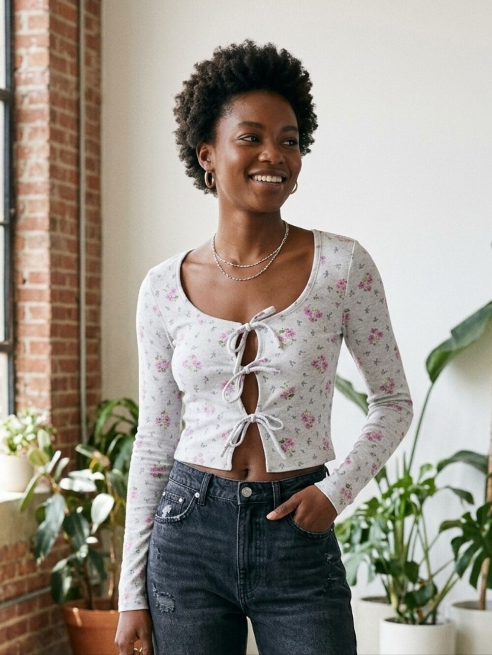 aerie Light Heather Gray‎ Floral Cardigan - Pink Rose Accents